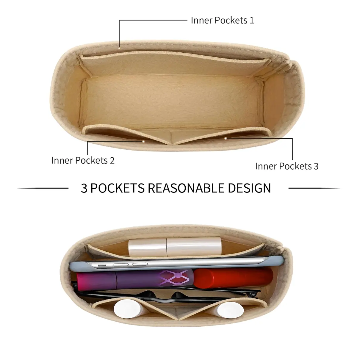 LOUKAYCCI Felt Purse Organizer Insert for Longchamp Le Pliage Mini | Lightweight Felt, 3 Compartments, Fits XS Bags - view 4