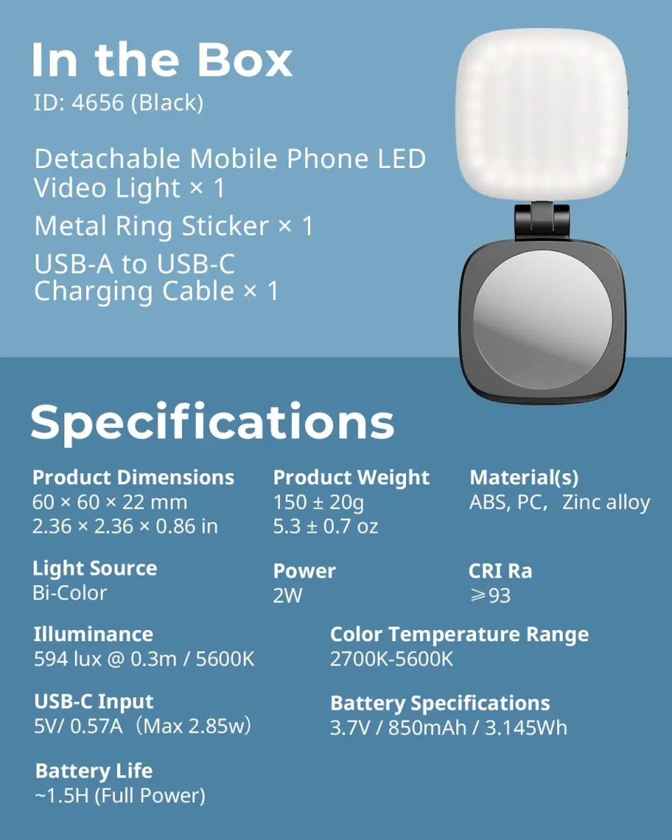 SMALLRIG Magnetic Selfie Light for iPhone, Phone Light with Mirror, Black | 6cm (2.36in) Compact LED Video Light - view 9