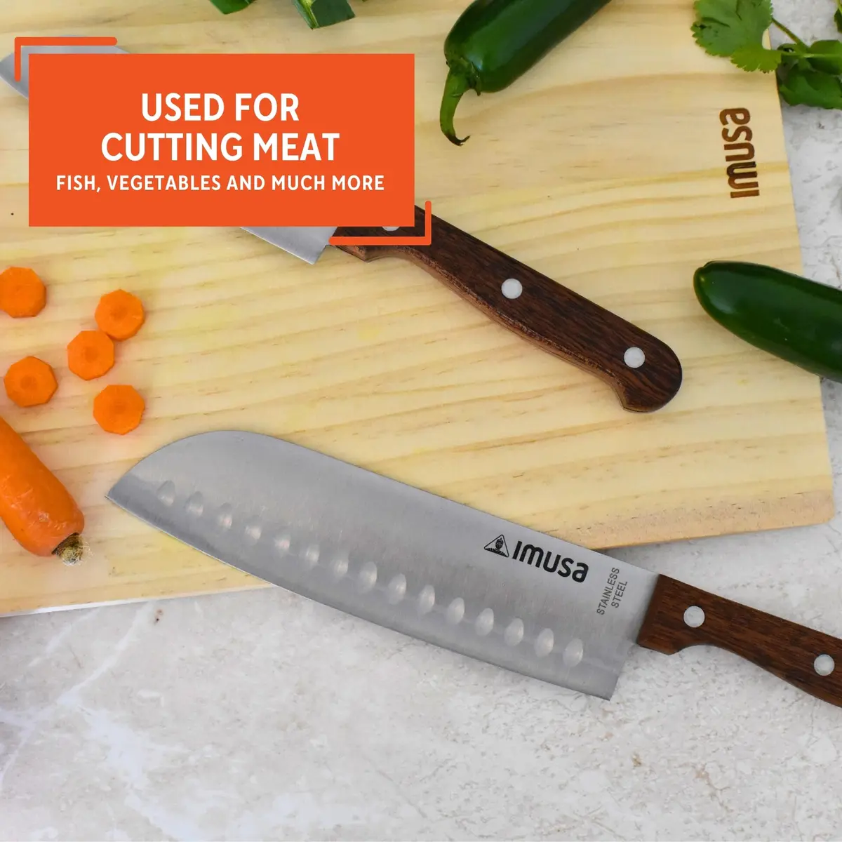 Imusa 5" & 7" Santoku Knife Set with Wood Handle | Japanese Slicing Knife for Raw Fish & Vegetables - view 5