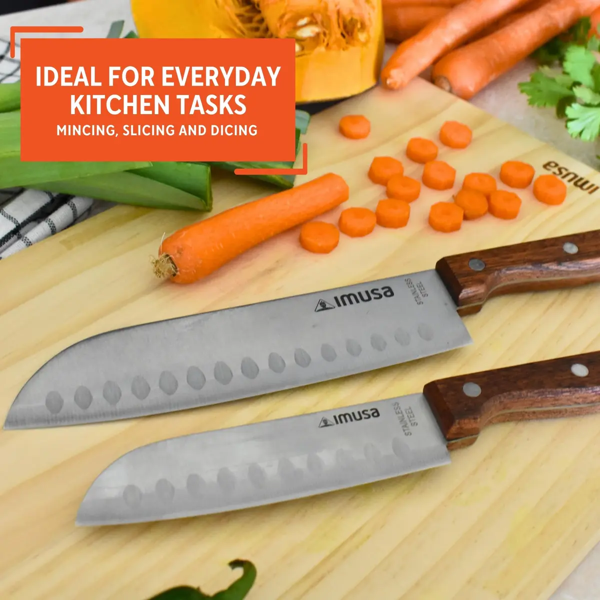 Imusa 5" & 7" Santoku Knife Set with Wood Handle | Japanese Slicing Knife for Raw Fish & Vegetables - view 6
