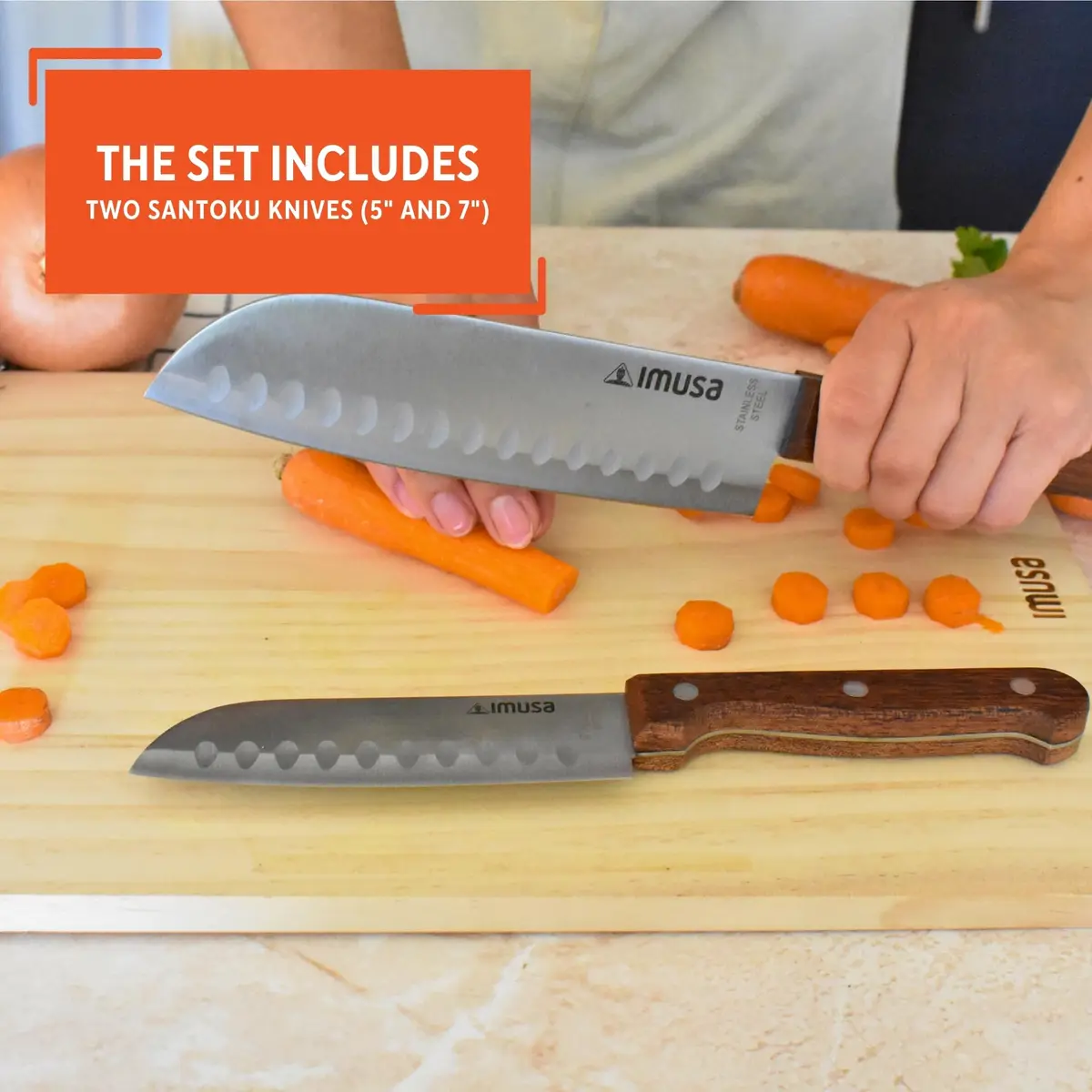 Imusa 5" & 7" Santoku Knife Set with Wood Handle | Japanese Slicing Knife for Raw Fish & Vegetables - view 4