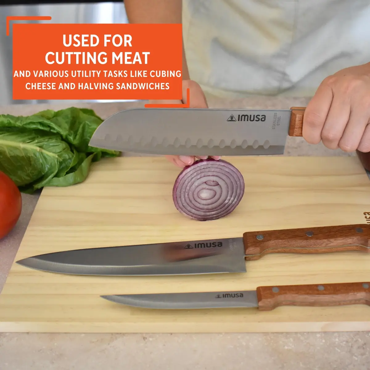 Imusa 3-Piece Stainless Steel Knife Set with Wood Handle | 8-inch Chef Knife, 7-inch Santoku, 5-inch Utility - view 5