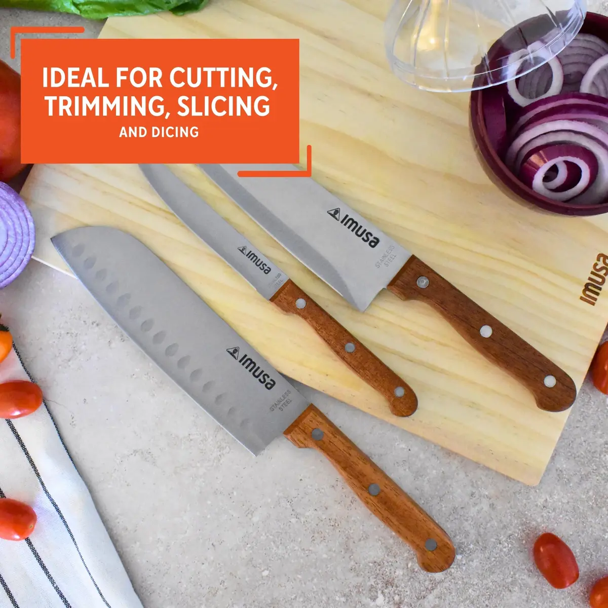 Imusa 3-Piece Stainless Steel Knife Set with Wood Handle | 8-inch Chef Knife, 7-inch Santoku, 5-inch Utility - view 6