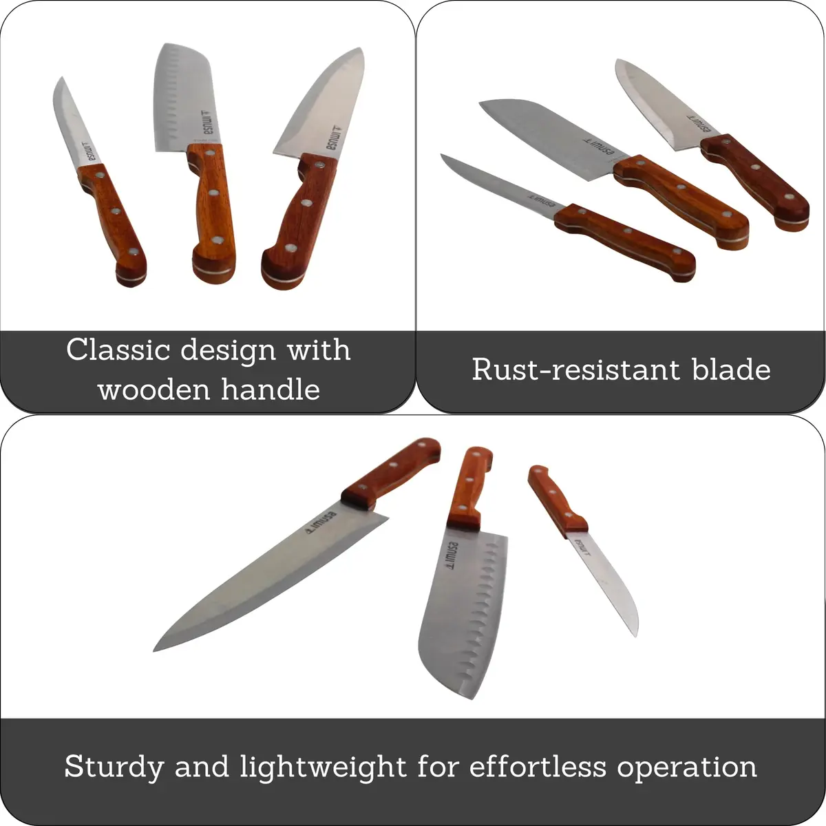 Imusa 3-Piece Stainless Steel Knife Set with Wood Handle | 8-inch Chef Knife, 7-inch Santoku, 5-inch Utility - view 2
