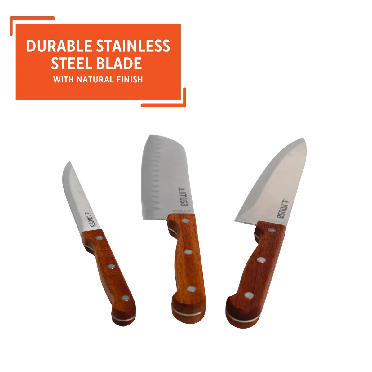 Imusa 3-Piece Stainless Steel Knife Set with Wood Handle | 8-inch Chef Knife, 7-inch Santoku, 5-inch Utility - view 3