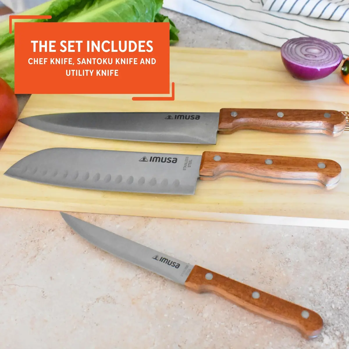 Imusa 3-Piece Stainless Steel Knife Set with Wood Handle | 8-inch Chef Knife, 7-inch Santoku, 5-inch Utility - view 4