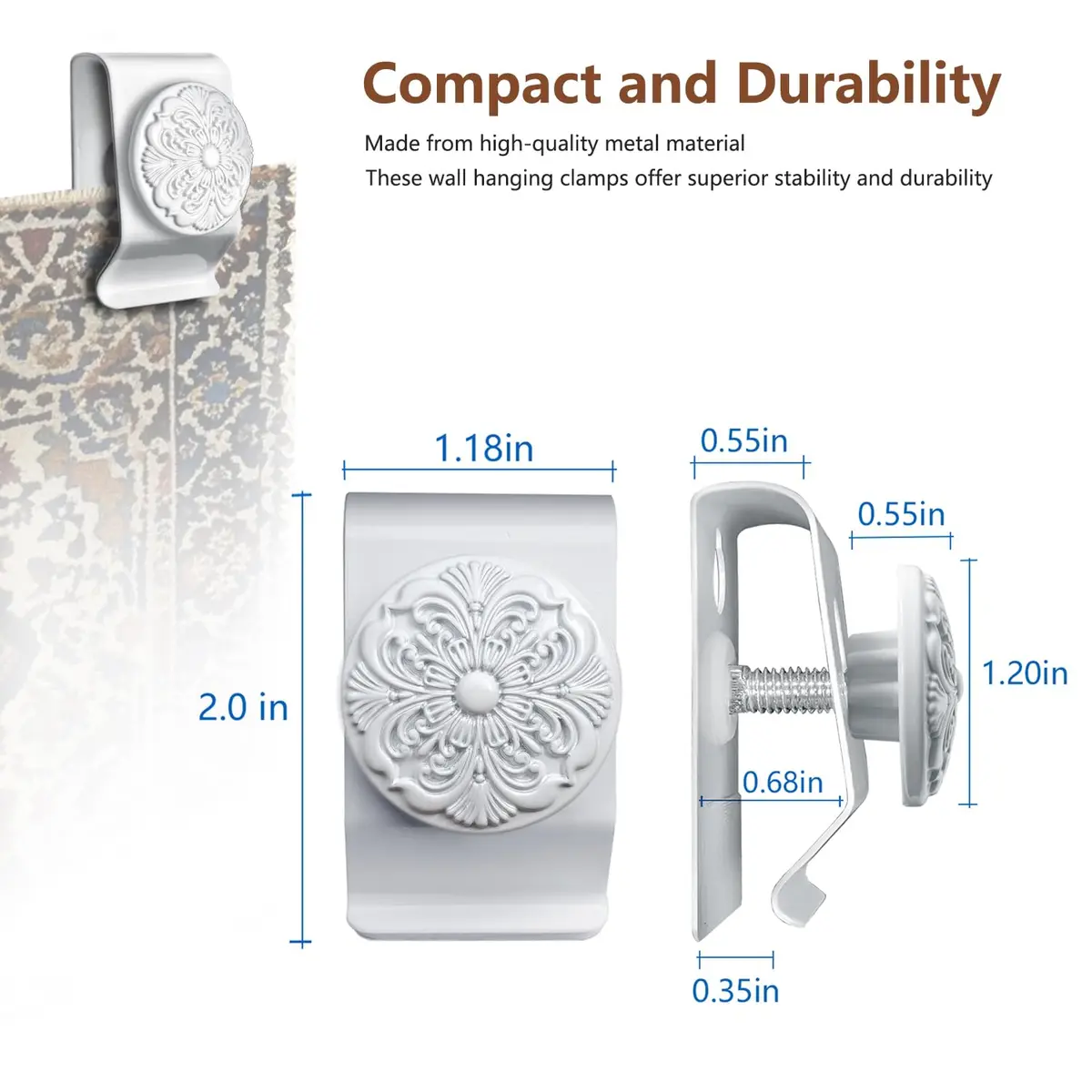 Doselves White Metal Tapestry Hanging Clamps 4 Pack | Heavy Duty Textile Art Hangers for Rugs and Carpets - view 2