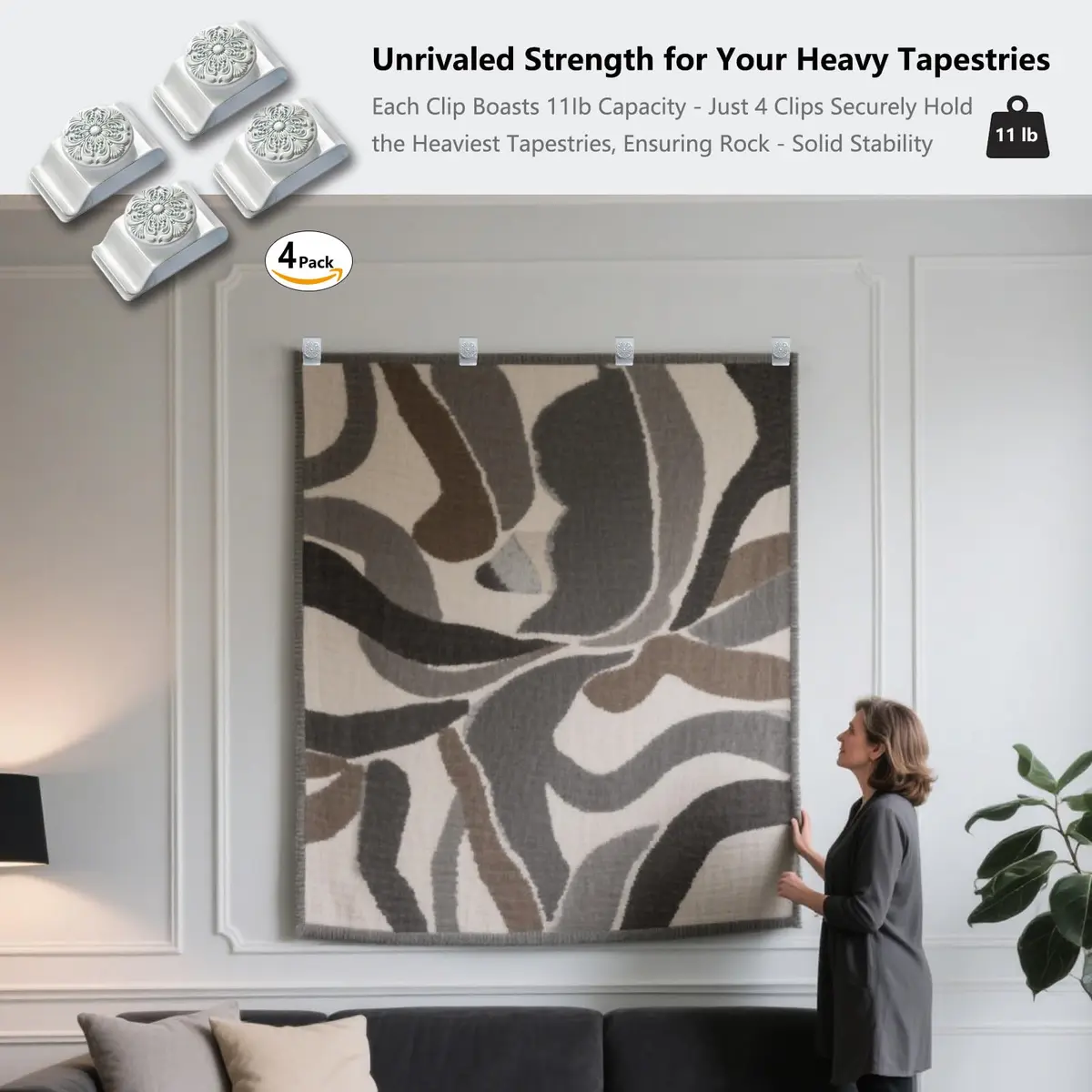 Doselves White Metal Tapestry Hanging Clamps 4 Pack | Heavy Duty Textile Art Hangers for Rugs and Carpets - view 3