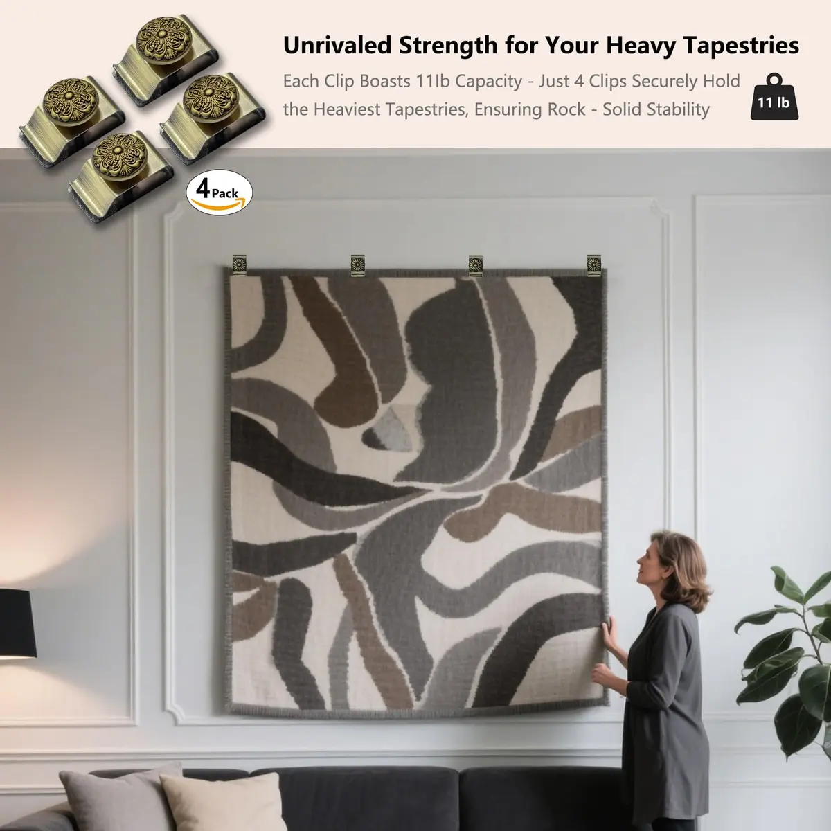 Doselves Metal Tapestry Wall Hanging Clamps 4 Pack with Screws | Bronze Finish, 20lb Capacity - view 3