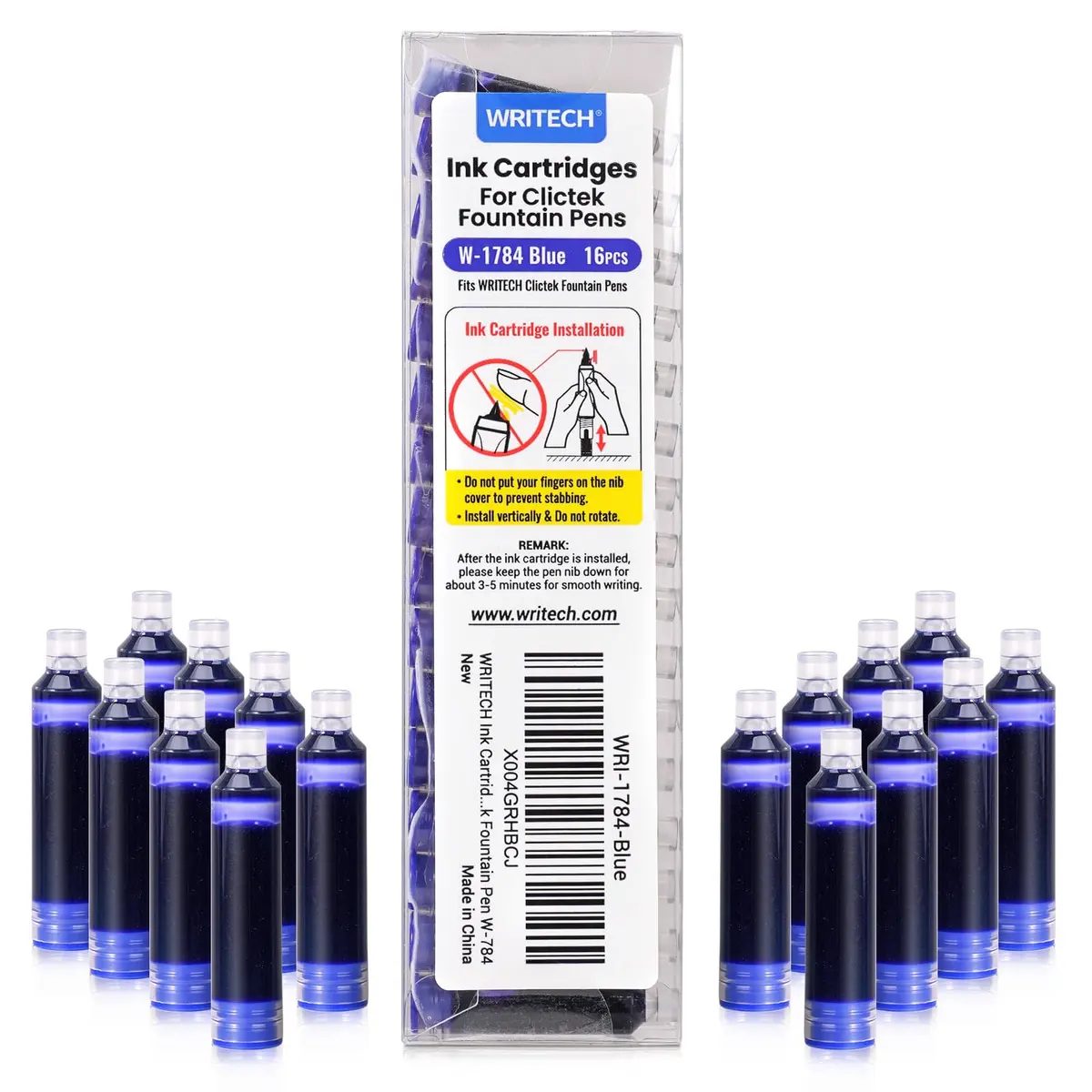 WRITECH W-1784 Cartridge Blue Ink 16ct | Smooth, Long-Lasting Fountain Pen Refill - main product image