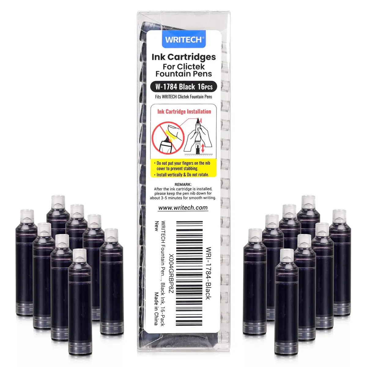 WRITECH W-1784 Cartridge Black Ink 16ct | Long-Lasting, Smooth Flow for Fountain Pens - main product image