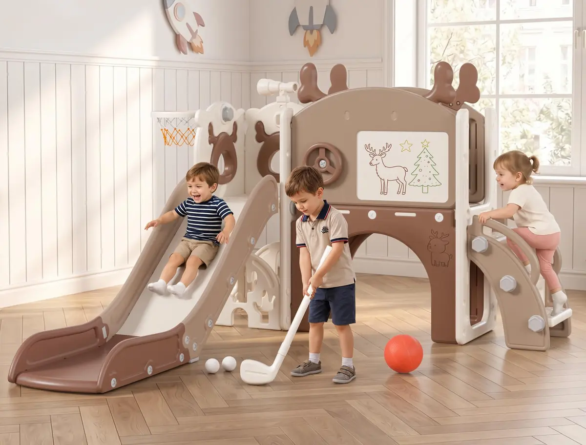 mloong Toddler Slide 11 in 1 Kids Play Set | Indoor & Outdoor with Basketball & Drawing (54×62×39in) - main product image
