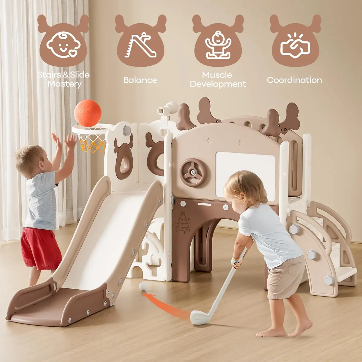 mloong Toddler Slide 11 in 1 Kids Play Set | Indoor & Outdoor with Basketball & Drawing (54×62×39in) - view 2