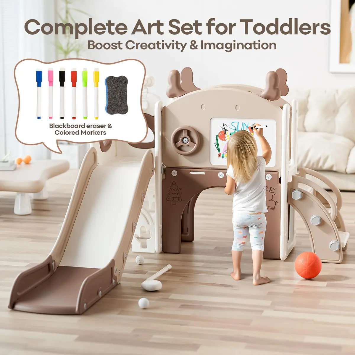 mloong Toddler Slide 11 in 1 Kids Play Set | Indoor & Outdoor with Basketball & Drawing (54×62×39in) - view 3