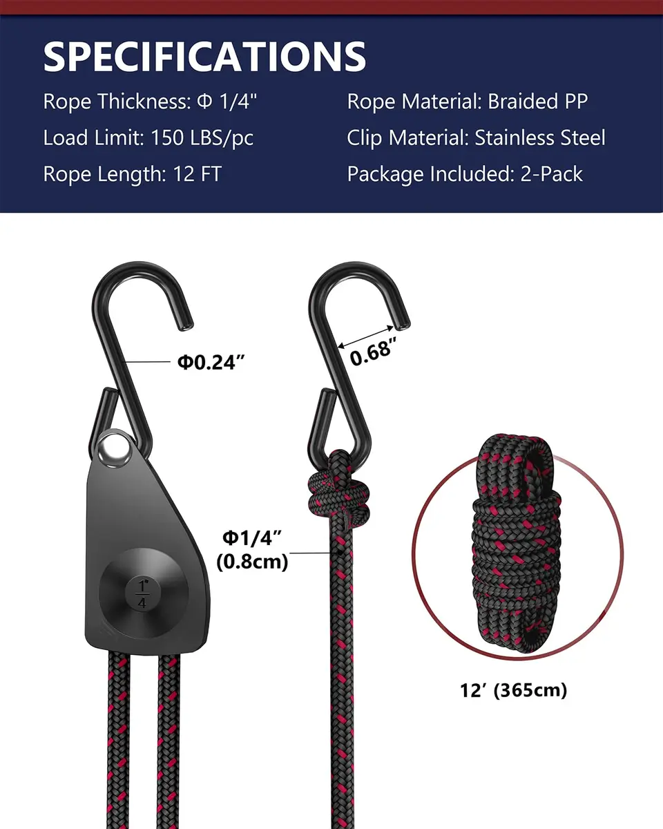VIPARSPECTRA 1/4" Heavy Duty Adjustable Rope Hangers 2 Pack, 12FT Tie-Down | 150 lbs Capacity Per Ratchet - view 7