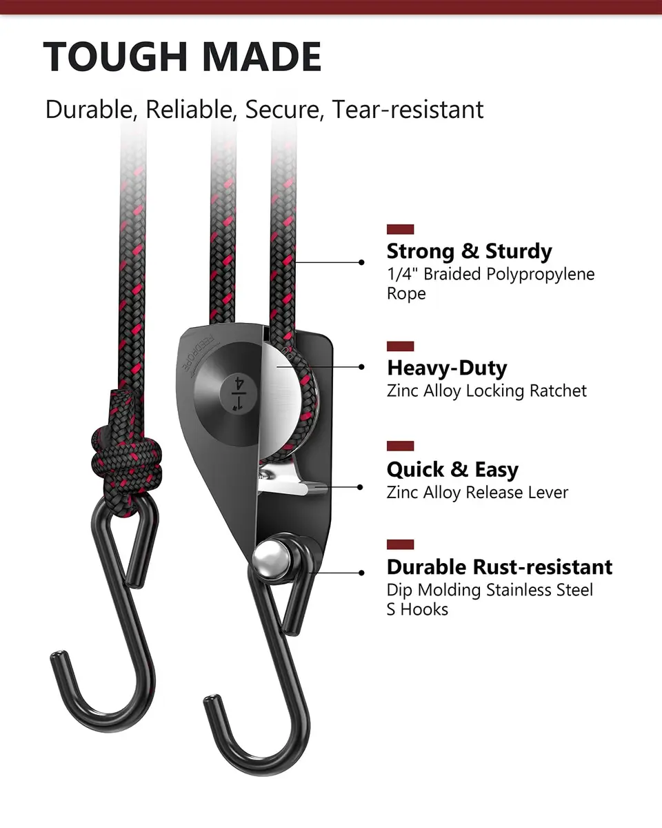 VIPARSPECTRA 1/4" Heavy Duty Adjustable Rope Hangers 2 Pack, 12FT Tie-Down | 150 lbs Capacity Per Ratchet - view 4