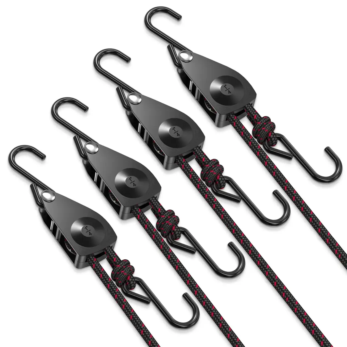 VIPARSPECTRA 1/4" Heavy Duty Ratchet Tie Down Straps, 12FT Rope Hangers (4-Pack, Black) | 150 lbs WLL Per Ratchet - main product image