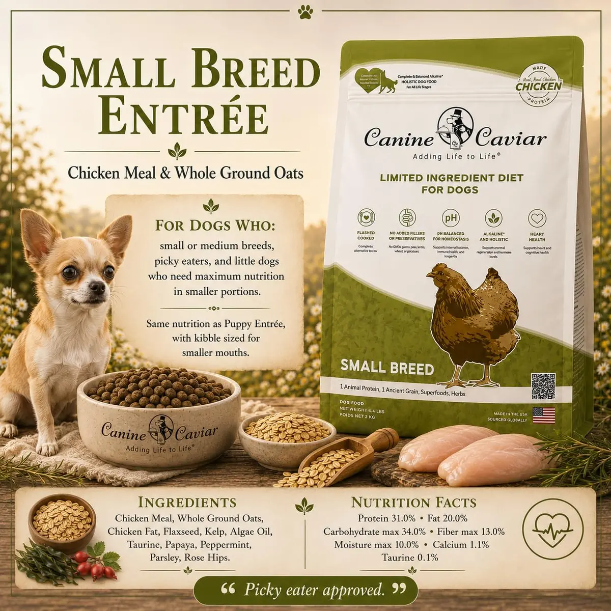 Canine Caviar Small Breed Dry Dog Food Chicken & Ground Oats 11 lb | Grain-Free, pH Balanced - view 2