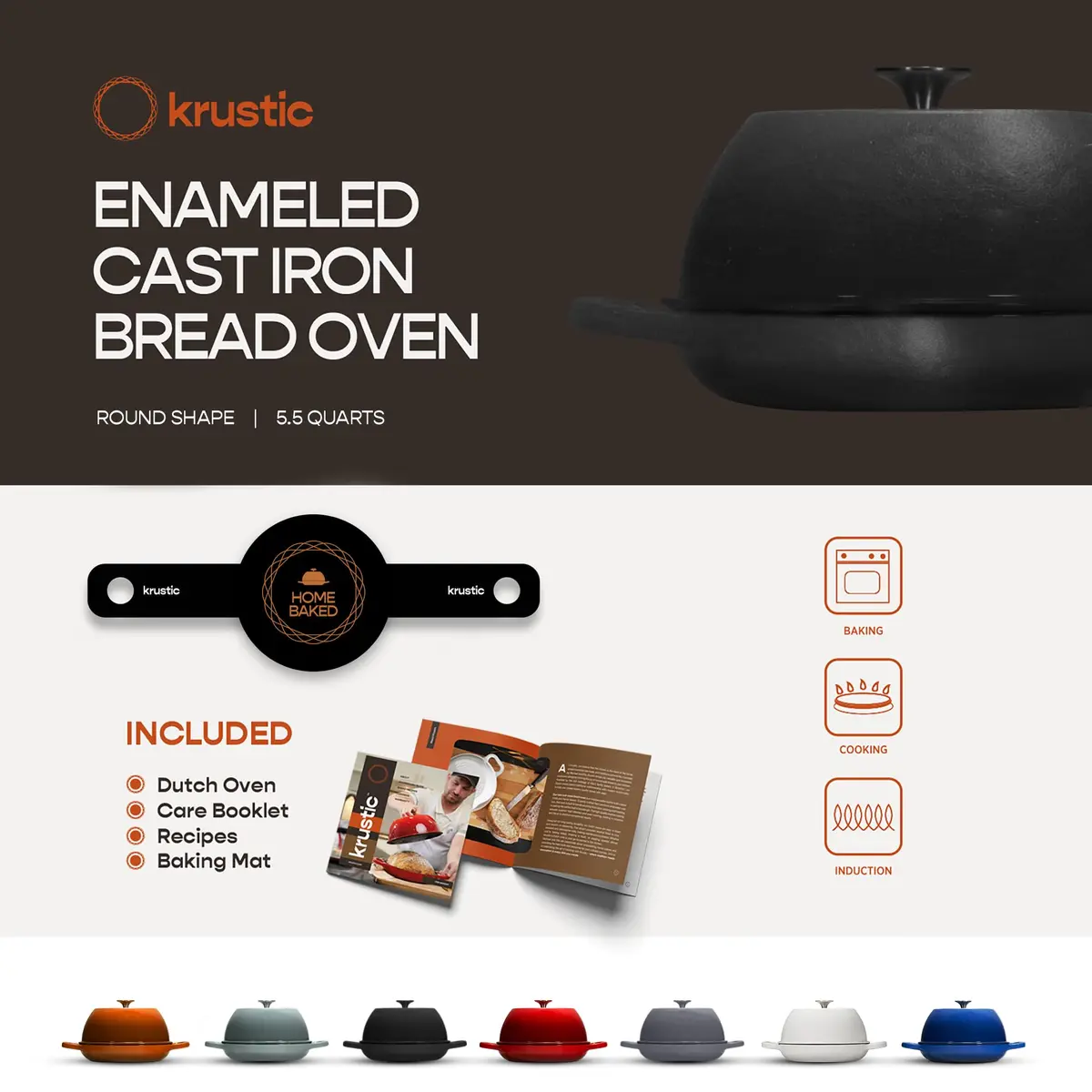 Krustic Enameled Cast Iron Dutch Oven for Sourdough Bread | 6 Quart Round Pot with Lid | 10 Inch Black - view 5
