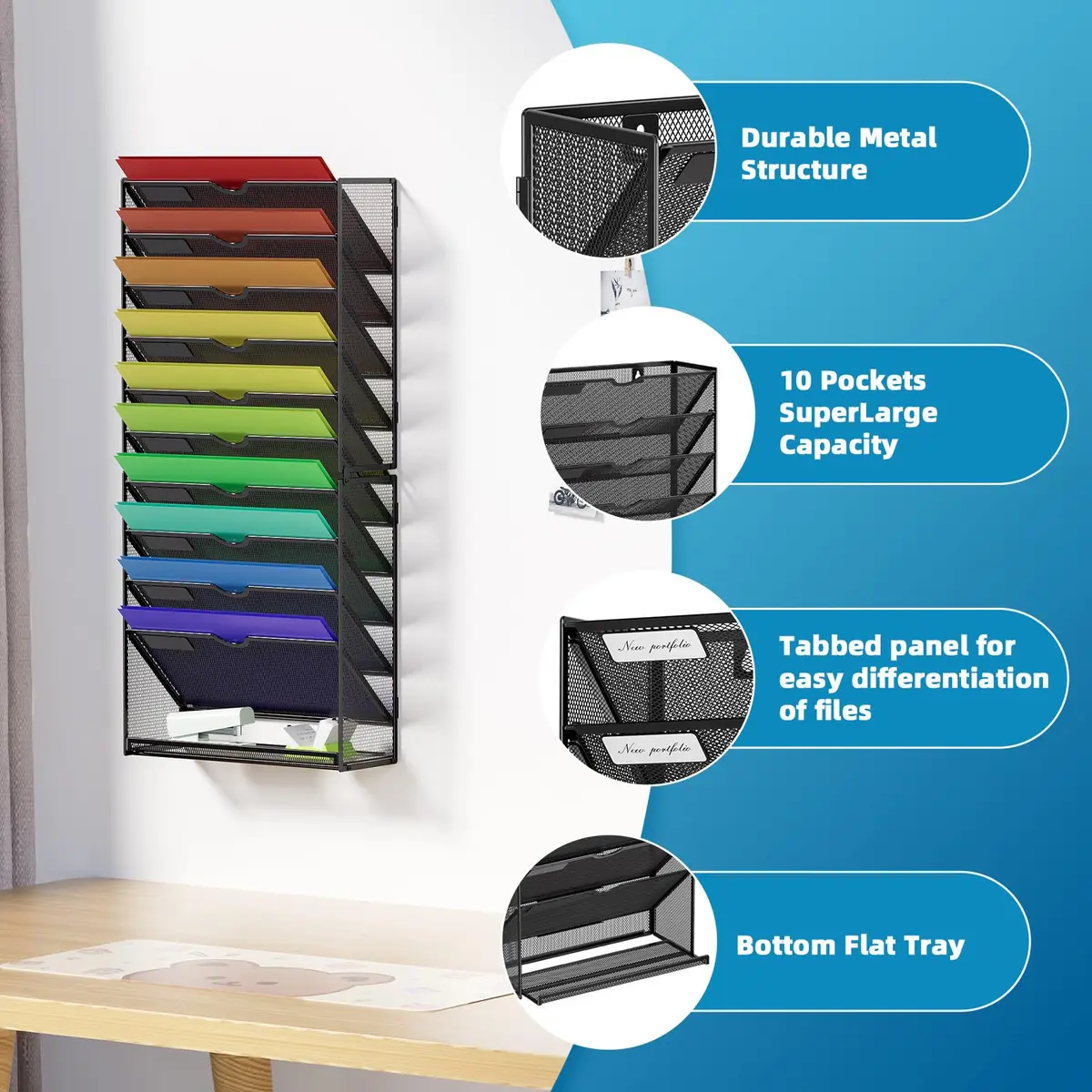 Marbrasse 11-Tier Hanging Wall File Organizer Black | Mesh Wall Mount Paper Sorter for Office Home Documents - view 3