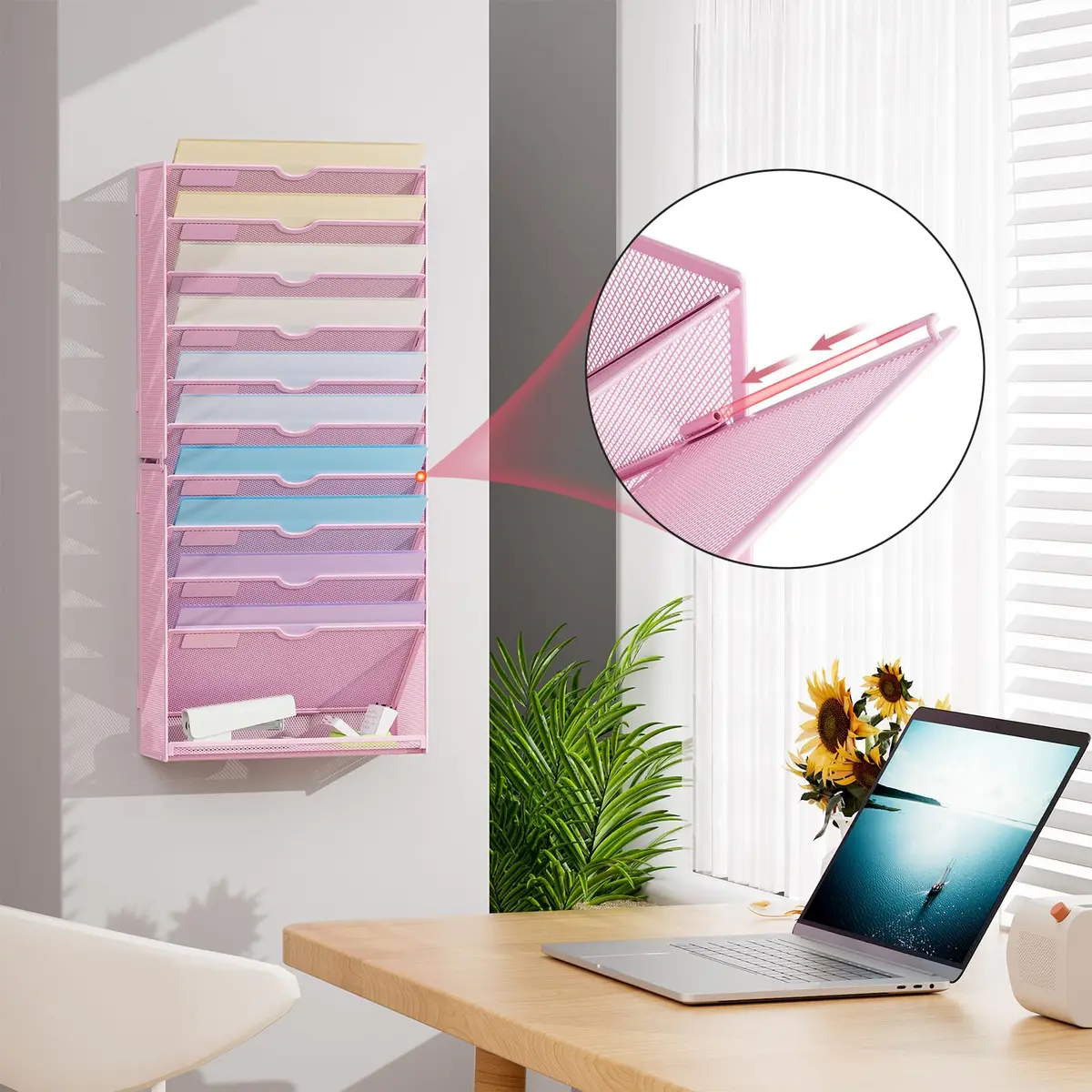 Marbrasse 11-Tier Hanging Wall File Organizer Pink | Metal Mesh Document Holder for Office & Home - view 5