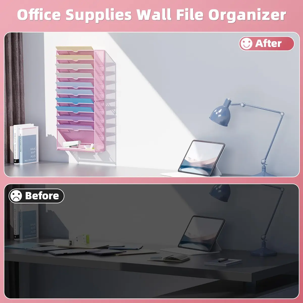 Marbrasse 11-Tier Hanging Wall File Organizer Pink | Metal Mesh Document Holder for Office & Home - view 6