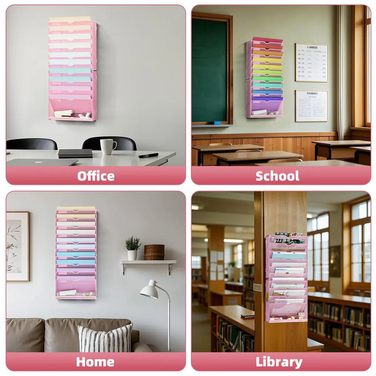Marbrasse 11-Tier Hanging Wall File Organizer Pink | Metal Mesh Document Holder for Office & Home - view 7
