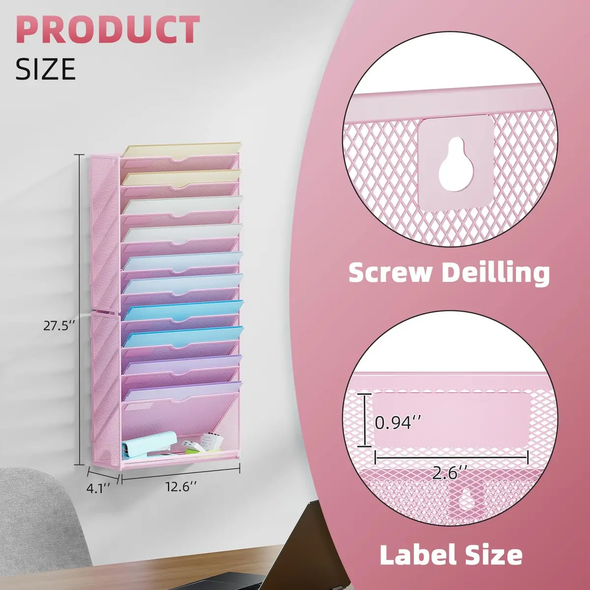 Marbrasse 11-Tier Hanging Wall File Organizer Pink | Metal Mesh Document Holder for Office & Home - view 2