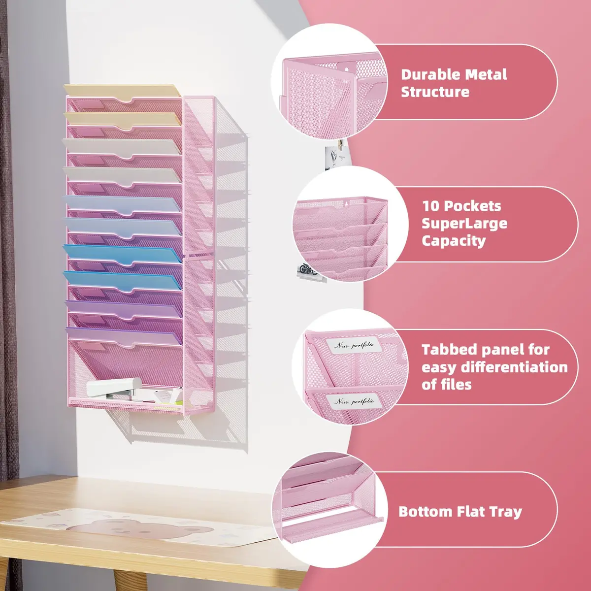 Marbrasse 11-Tier Hanging Wall File Organizer Pink | Metal Mesh Document Holder for Office & Home - view 3