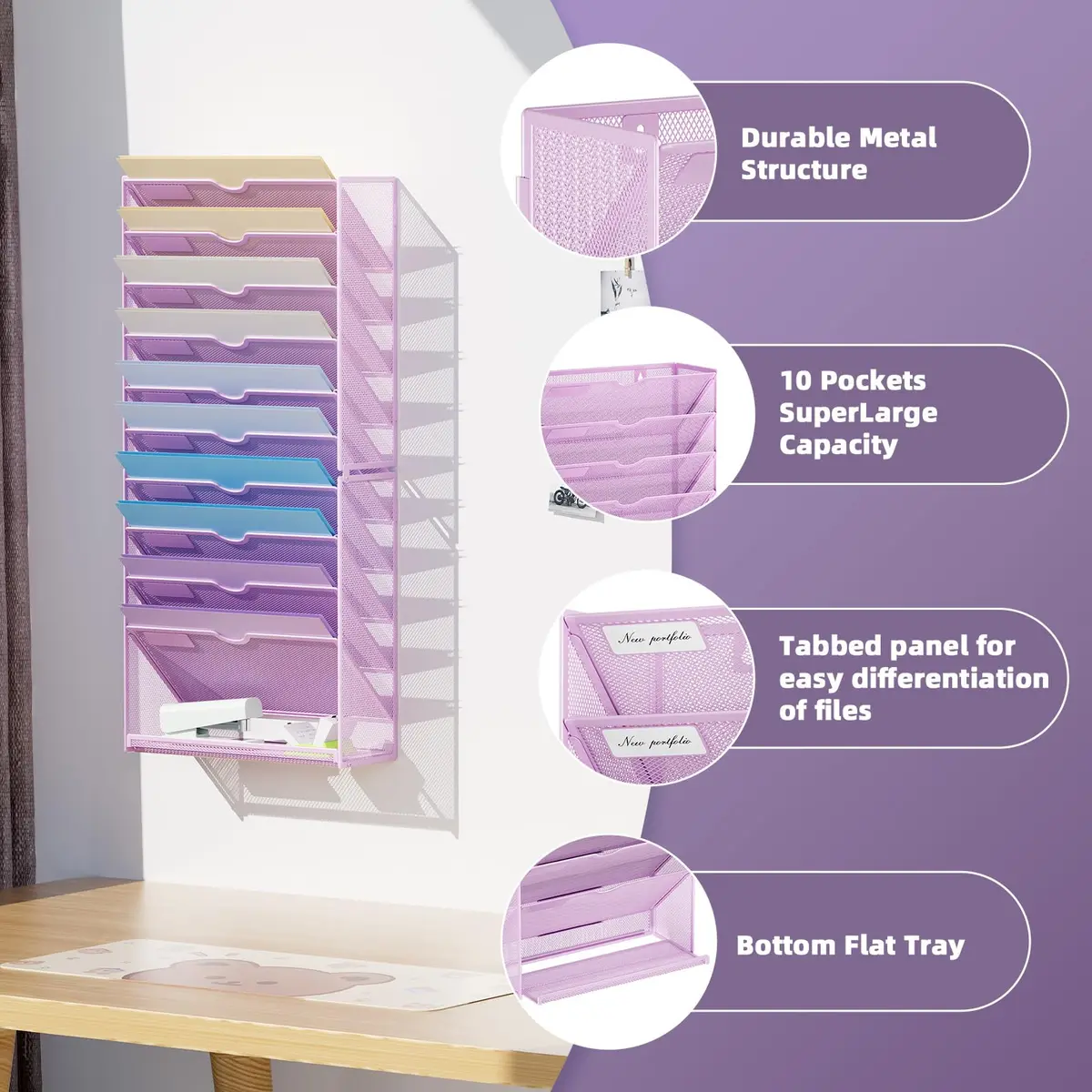 Marbrasse 11-Tier Wall File Organizer Purple | Great for Office Home & School Papers - view 3