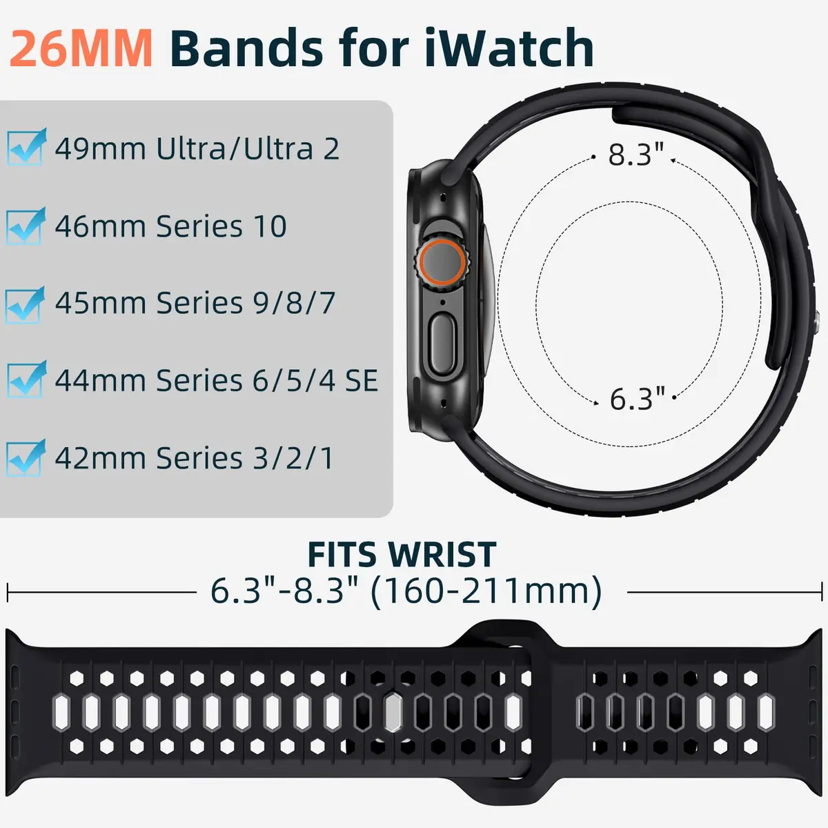 Maledan Sport Silicone Watch Band 49mm/46mm/45mm/44mm/42mm | Breathable, Waterproof, Adjustable - view 5