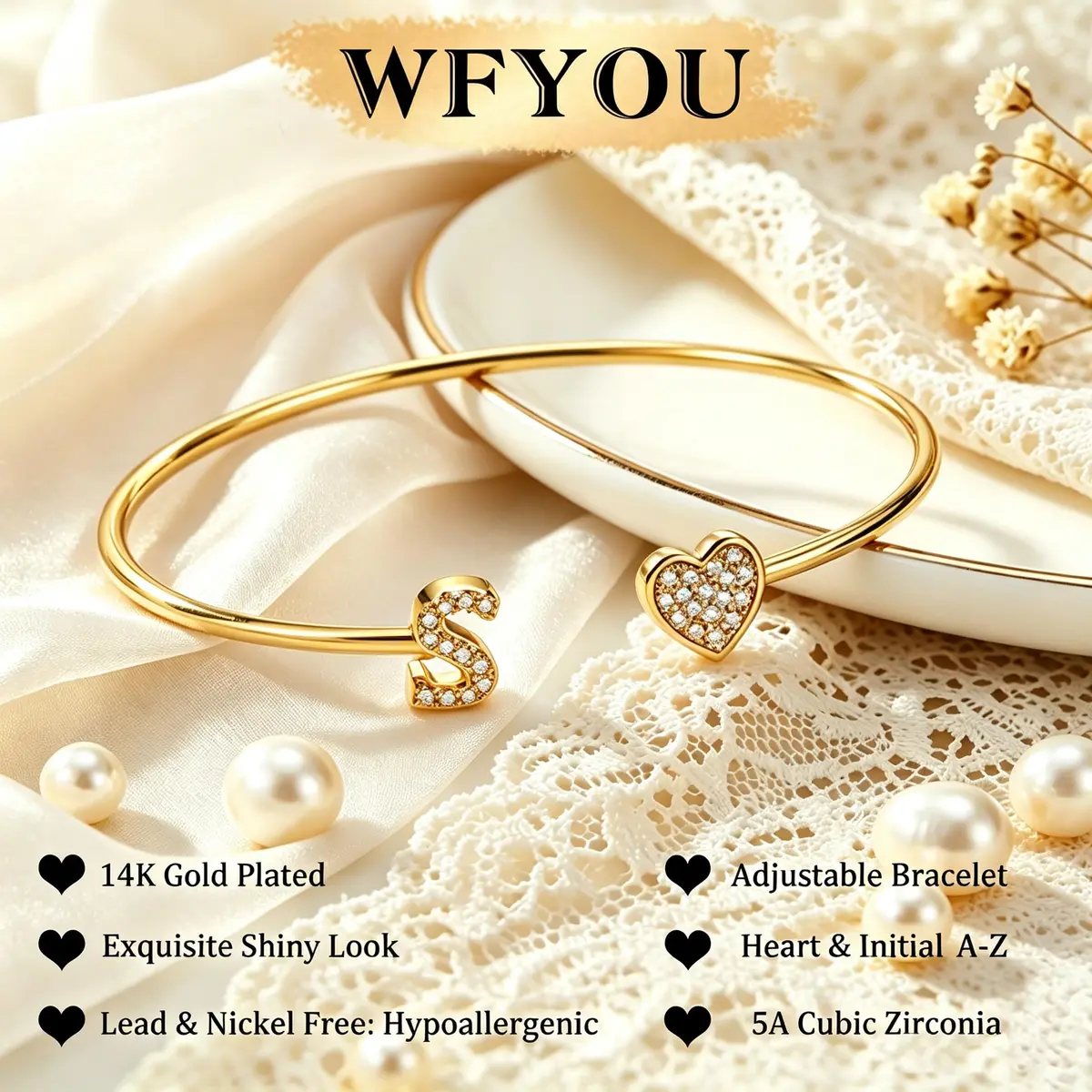 WFYOU Initial Gold Bracelets for Women 14k Gold Plated Adjustable | Personalized Elegant Jewelry - view 5