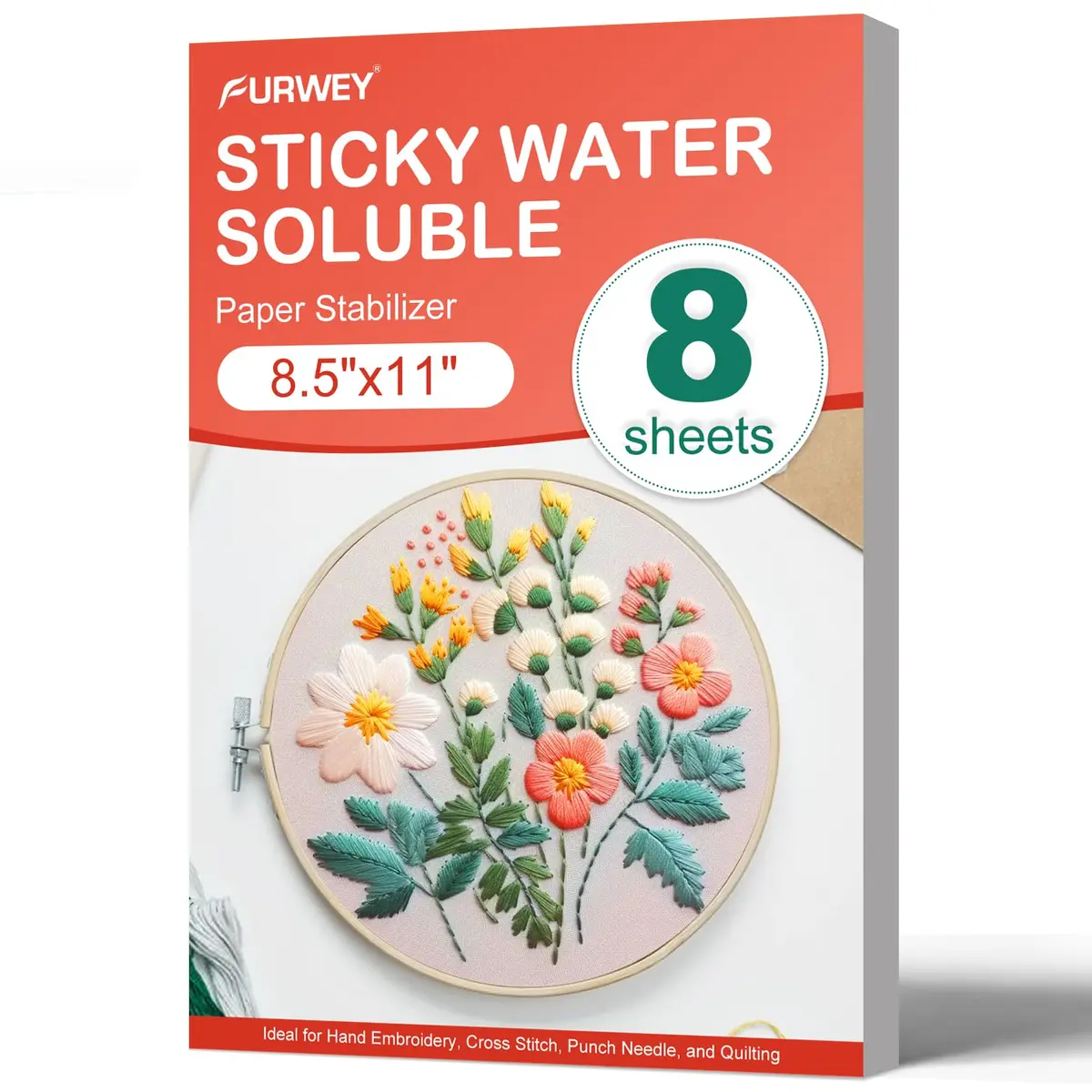 FURWEY Water Soluble Stabilizer for Embroidery,8PCS 8.5x11,Self Adhesive | Wash Away, Printable & Versatile - main product image