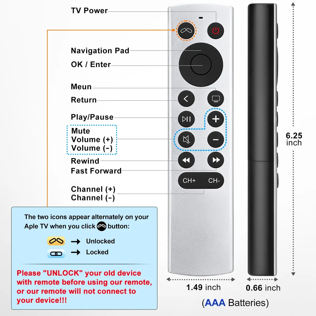 LOUTOC Replacement Remote Control for Apple TV 4K/HD (1st-3rd Gen) | Infrared Universal Remote - view 4