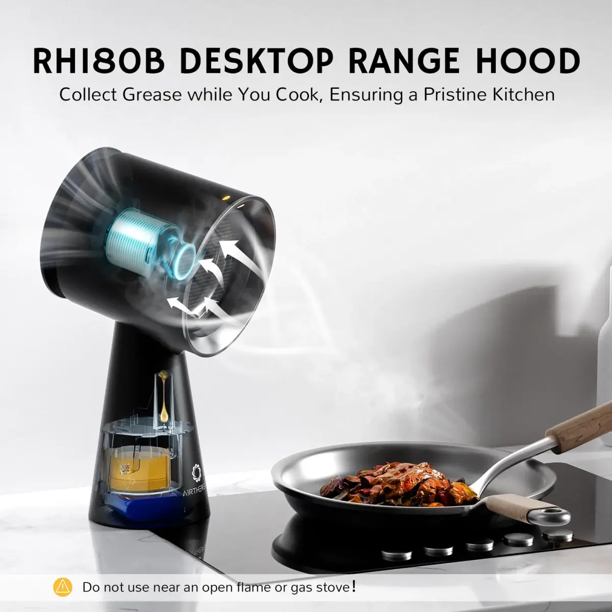 AIRTHEREAL Rechargeable Portable Range Hood RH180B Black, Battery Powered Desktop Exhaust Fan with 3-Fan Speeds and Large Oil Collection Cup for RV Cooking - view 5