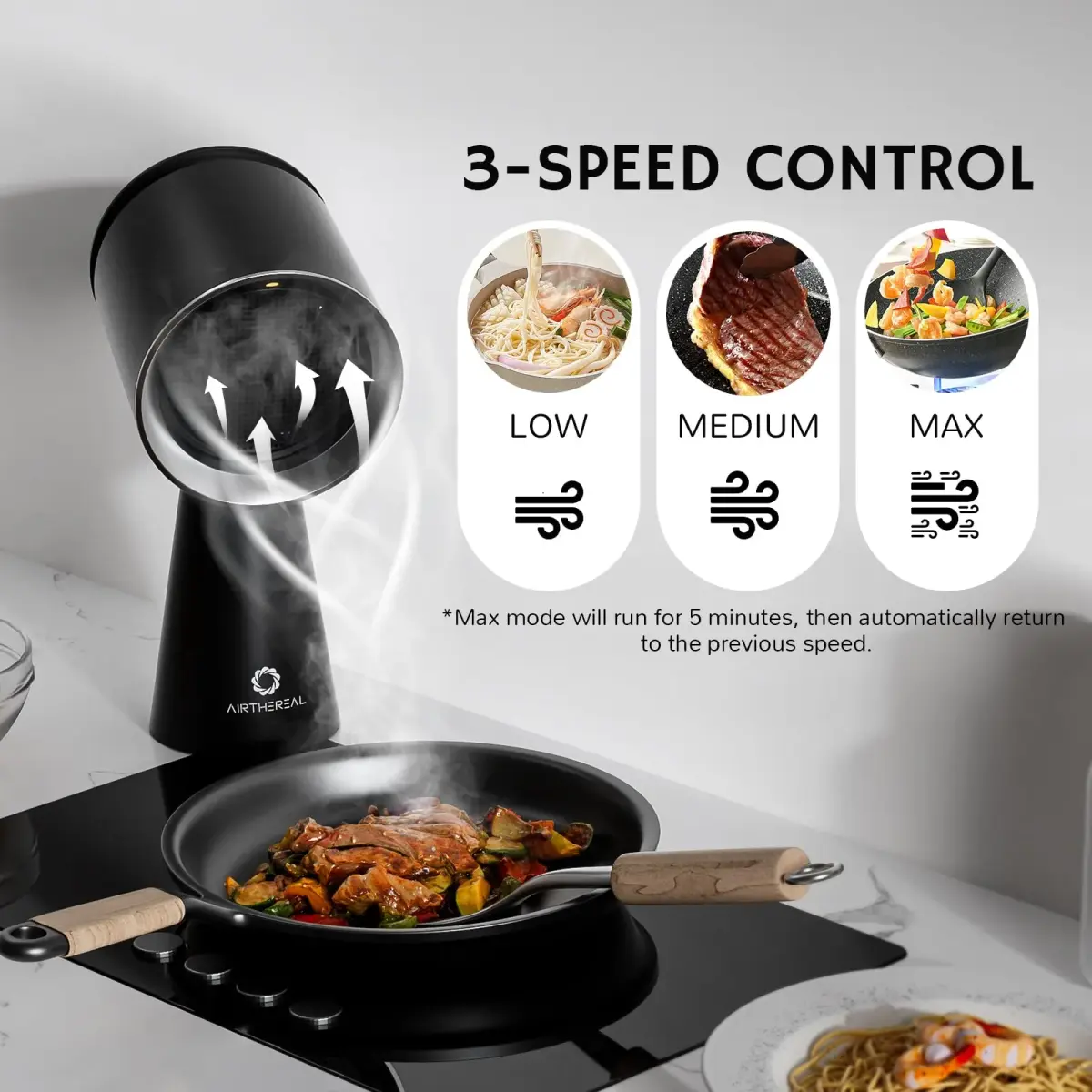 AIRTHEREAL Rechargeable Portable Range Hood RH180B Black, Battery Powered Desktop Exhaust Fan with 3-Fan Speeds and Large Oil Collection Cup for RV Cooking - view 6