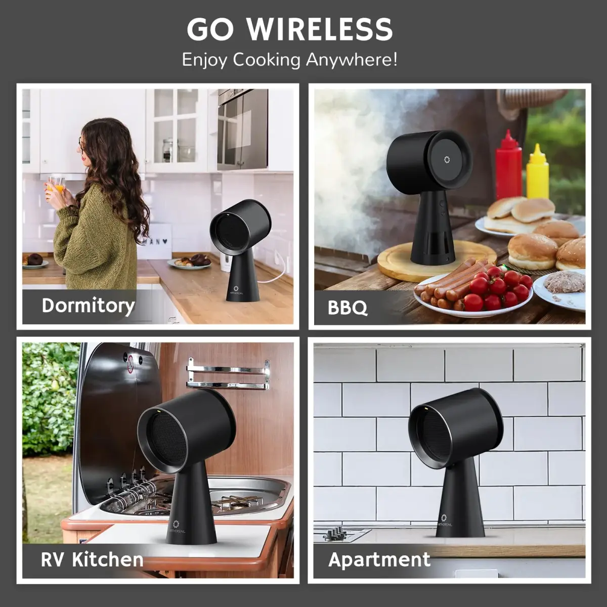 AIRTHEREAL Rechargeable Portable Range Hood RH180B Black, Battery Powered Desktop Exhaust Fan with 3-Fan Speeds and Large Oil Collection Cup for RV Cooking - view 9