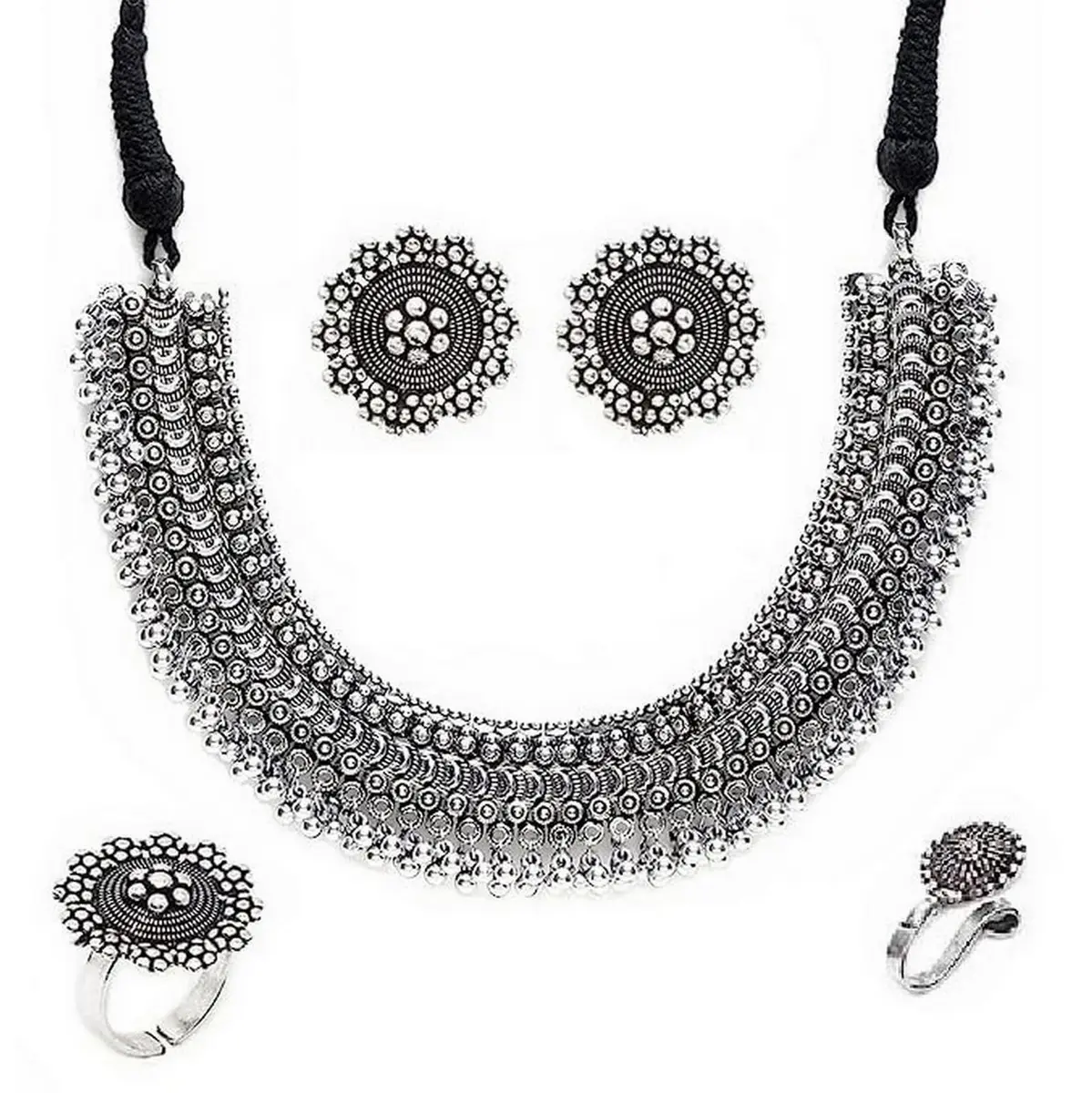VAMA FASHIONS Oxidized Black Silver Threaded Choker Necklace Set with Earrings, Ring & Nose Pin | 10.8cm x 16.6cm x 3.6cm - main product image