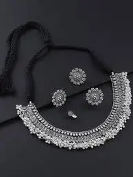 VAMA FASHIONS Oxidized Black Silver Threaded Choker Necklace Set with Earrings, Ring & Nose Pin | 10.8cm x 16.6cm x 3.6cm - view 5