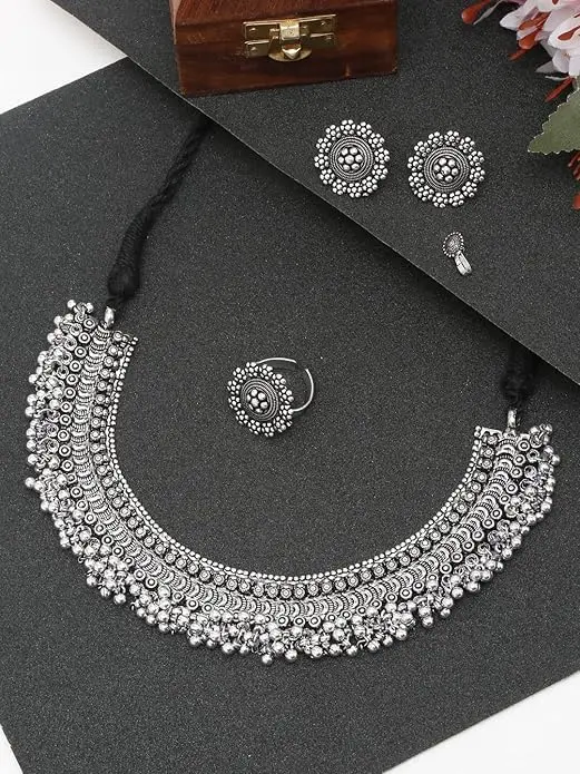VAMA FASHIONS Oxidized Black Silver Threaded Choker Necklace Set with Earrings, Ring & Nose Pin | 10.8cm x 16.6cm x 3.6cm - view 8