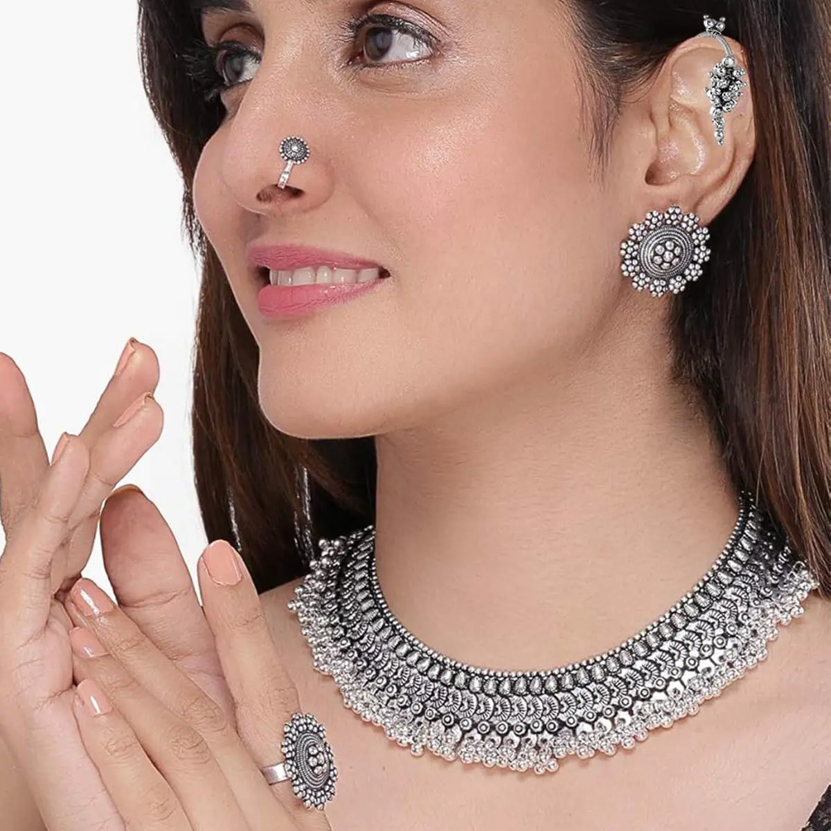 VAMA FASHIONS Oxidized Black Silver Threaded Choker Necklace Set with Earrings, Ring & Nose Pin | 10.8cm x 16.6cm x 3.6cm - view 2