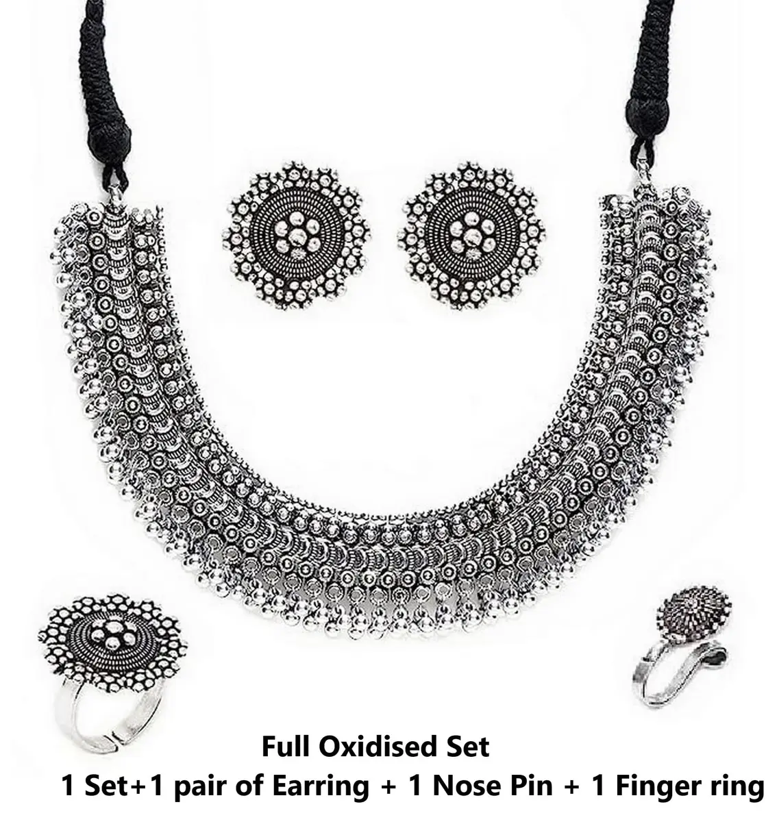 VAMA FASHIONS Oxidized Black Silver Threaded Choker Necklace Set with Earrings, Ring & Nose Pin | 10.8cm x 16.6cm x 3.6cm - view 3