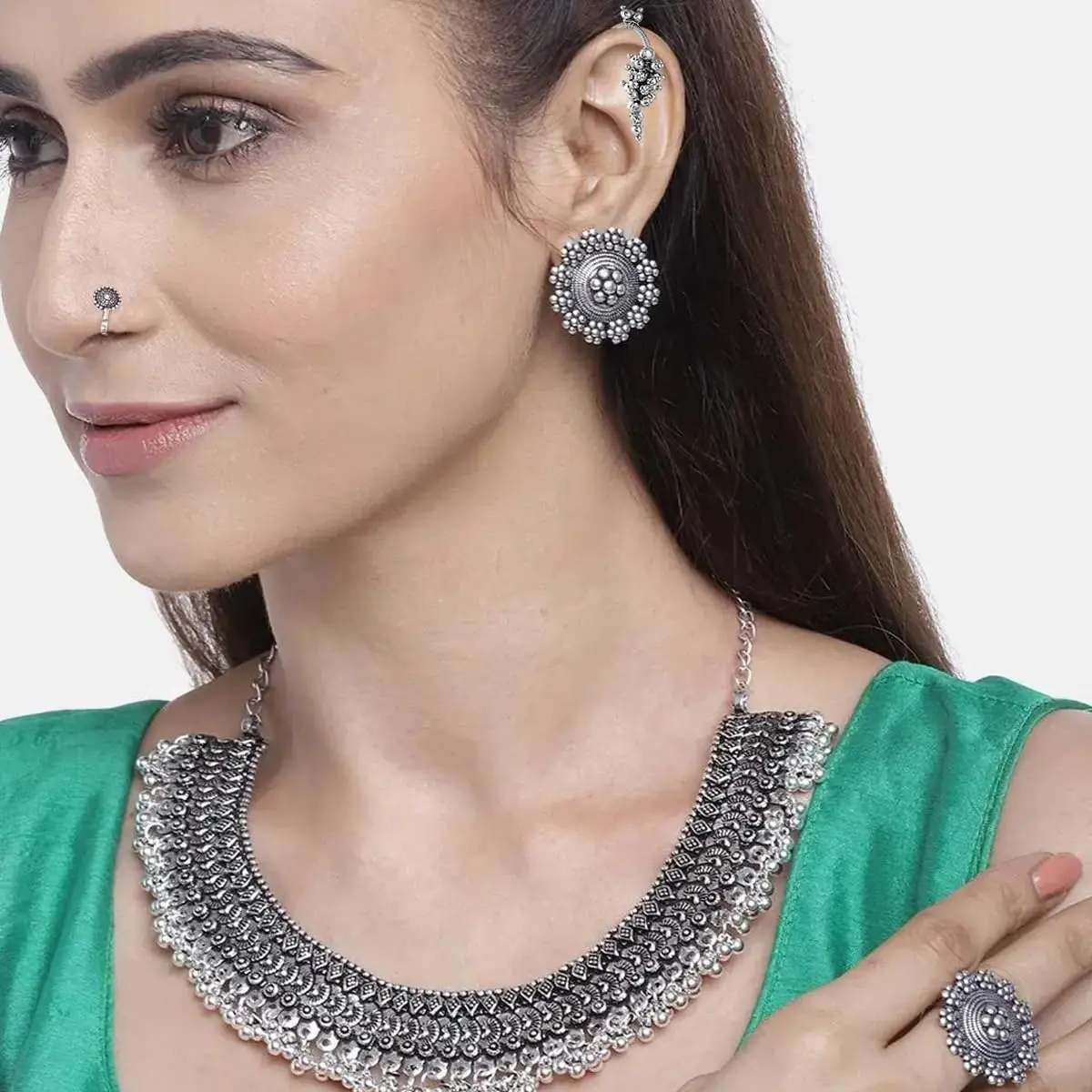 VAMA FASHIONS Oxidized Black Silver Threaded Choker Necklace Set with Earrings, Ring & Nose Pin | 10.8cm x 16.6cm x 3.6cm - view 4