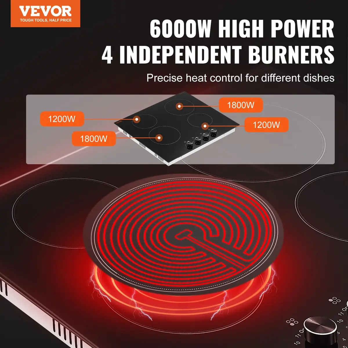 VEVOR 24-inch 4-Burner Radiant Cooktop 6000W 220V | Built-In Electric Stove Top with Glass Panel - view 7