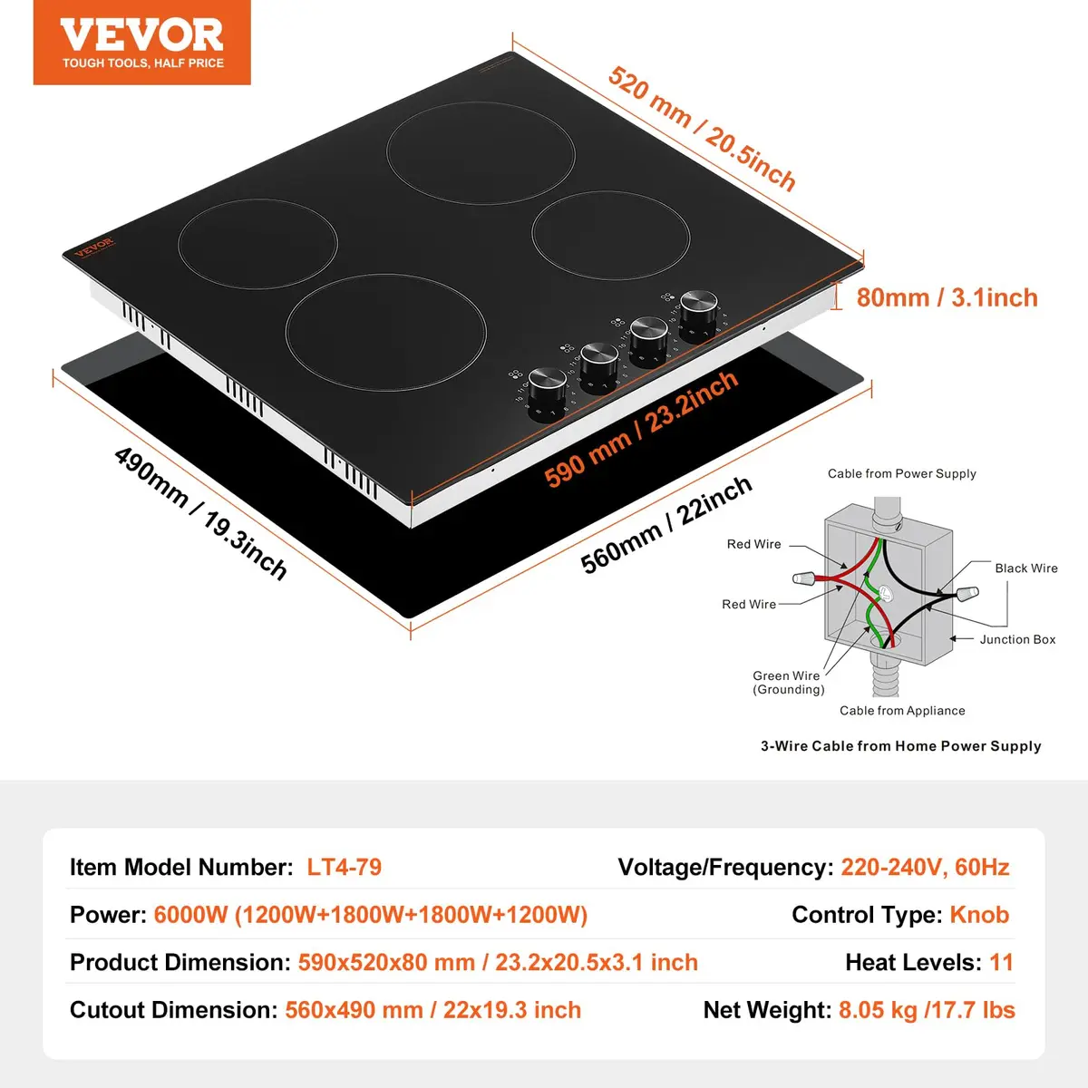 VEVOR 24-inch 4-Burner Radiant Cooktop 6000W 220V | Built-In Electric Stove Top with Glass Panel - view 2