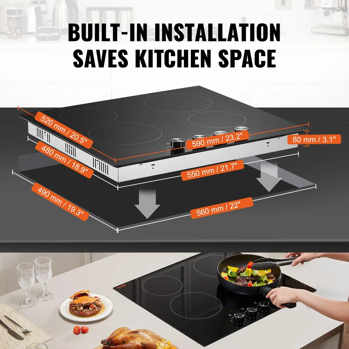VEVOR 24-inch 4-Burner Radiant Cooktop 6000W 220V | Built-In Electric Stove Top with Glass Panel - view 3