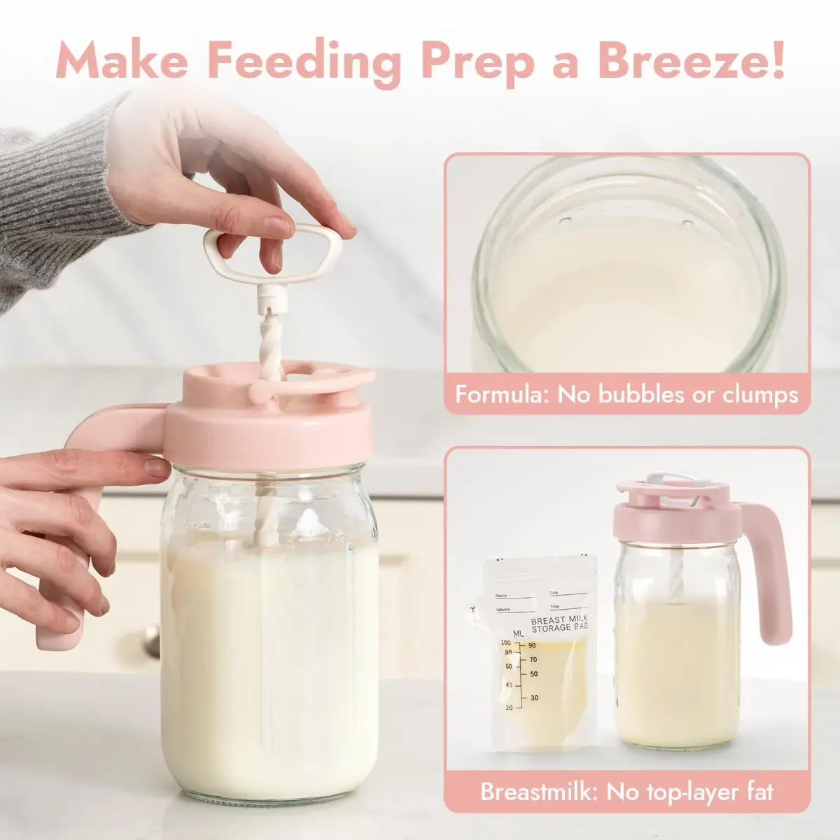 Papablic Pink Formula Mixer Lid for 32oz Wide Mouth Mason Jars | BPA-Free & Leak-Proof Design - view 2