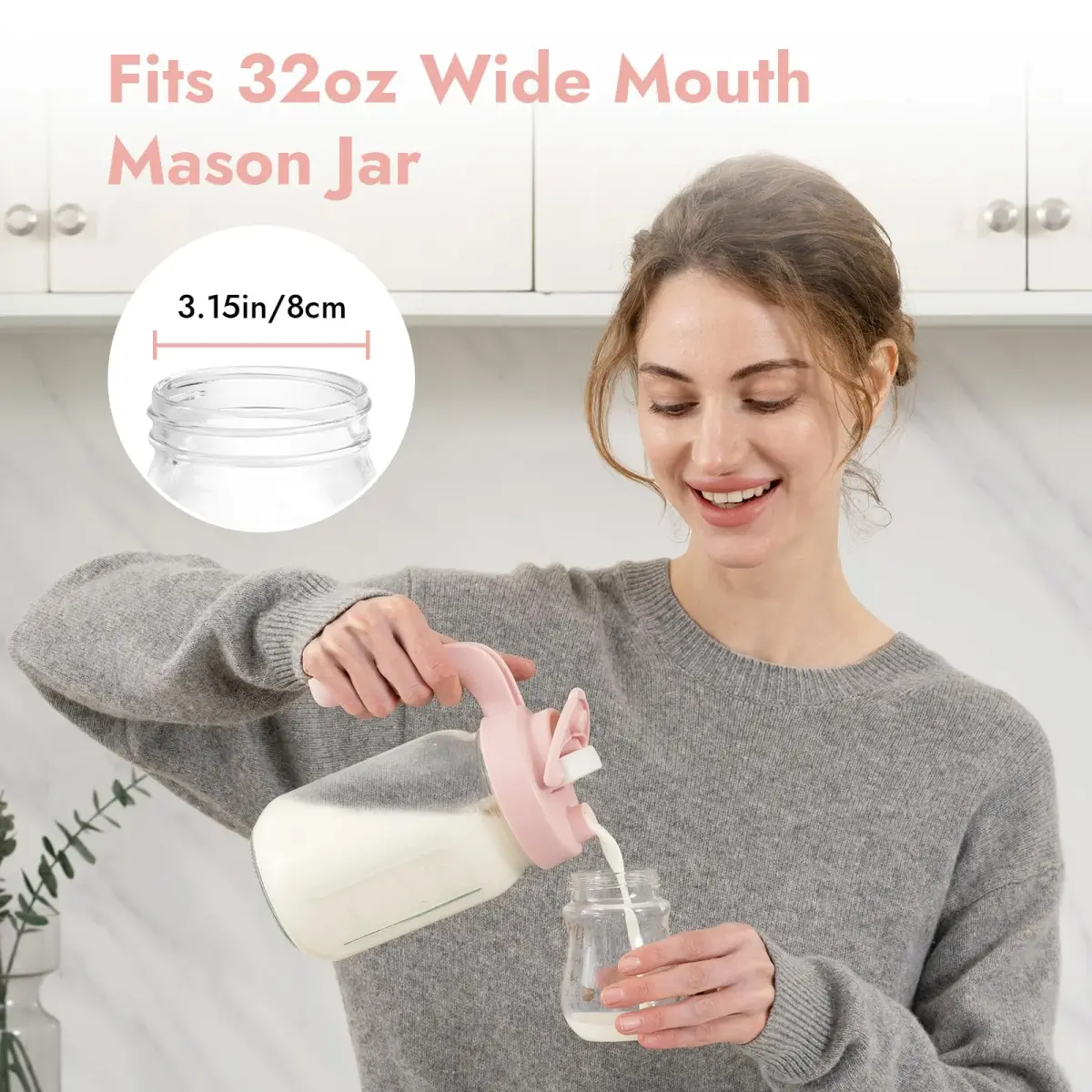 Papablic Pink Formula Mixer Lid for 32oz Wide Mouth Mason Jars | BPA-Free & Leak-Proof Design - view 3
