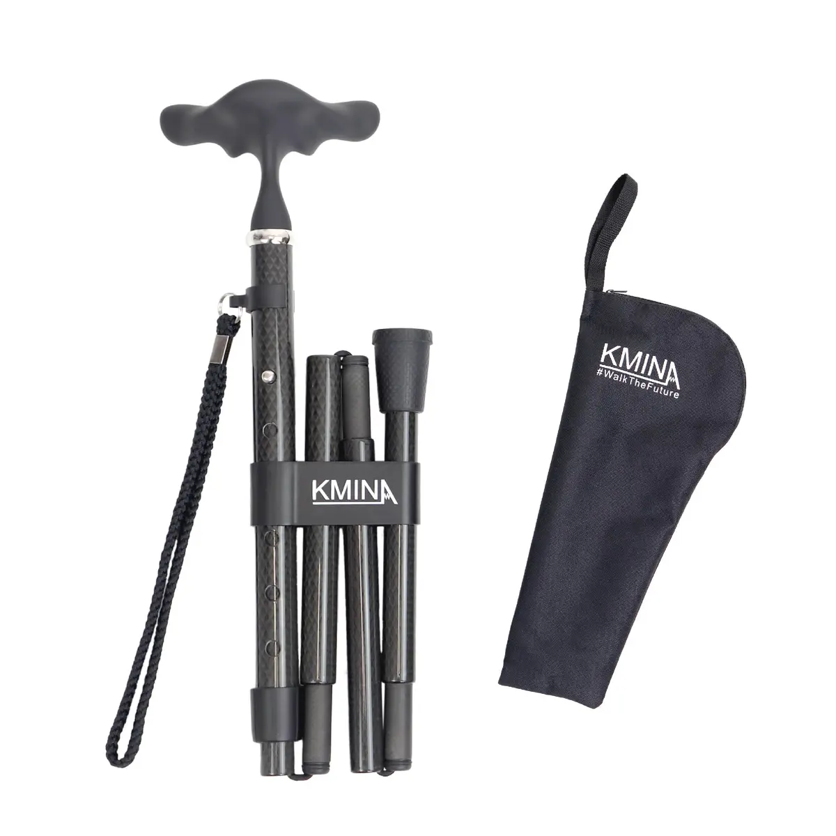 KMINA Folding Cane with Ergonomic Grip, Carbon Fiber, Adjustable, Black | Lightweight & Supportive for Daily Use - main product image