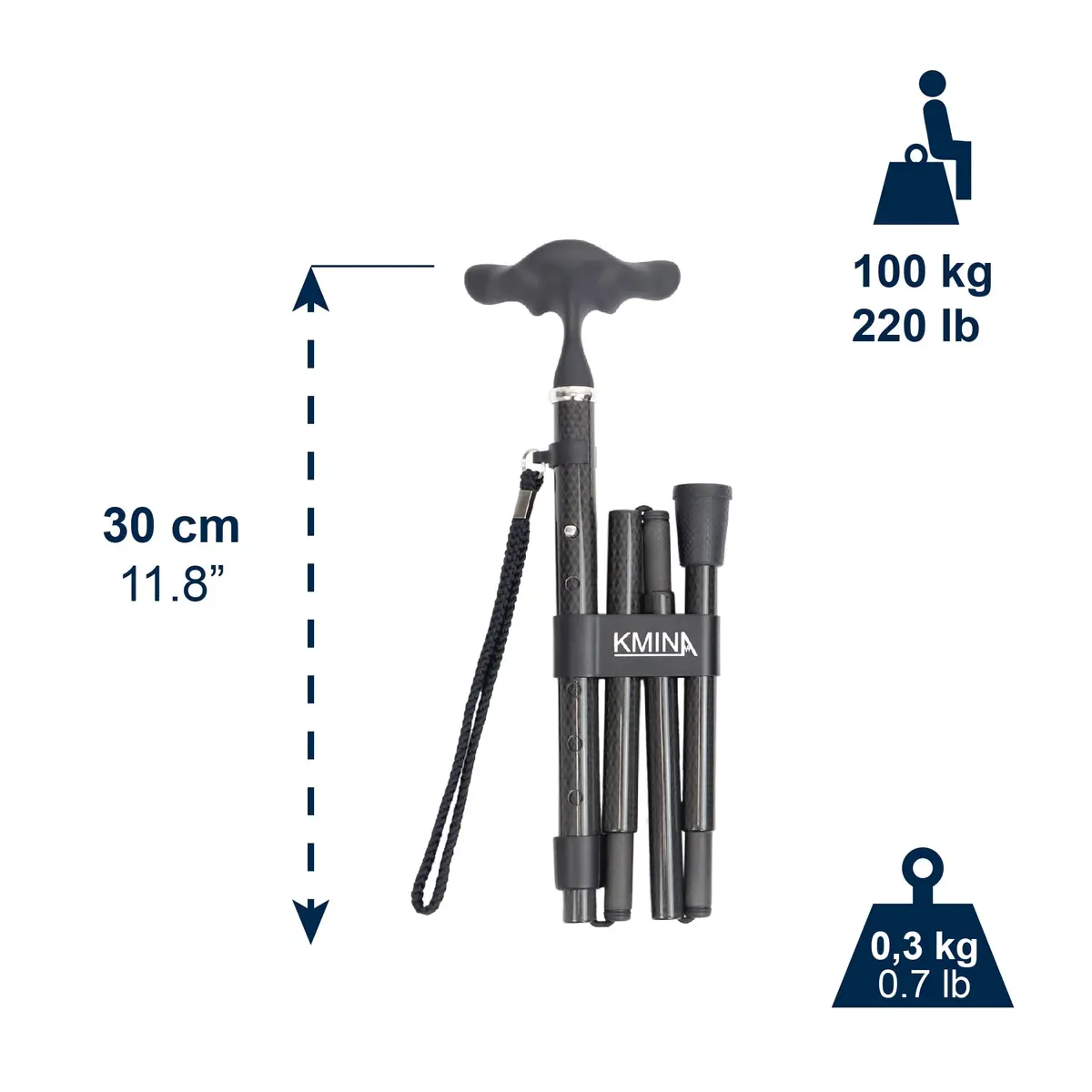 KMINA Folding Cane with Ergonomic Grip, Carbon Fiber, Adjustable, Black | Lightweight & Supportive for Daily Use - view 2